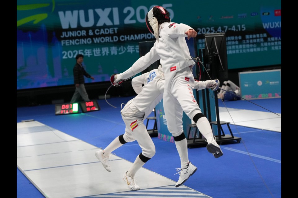Team Canada versus Team Spain in the junior individual epee at the 2025 Junior and Cadet Fencing World Championships in Wuxi, China.